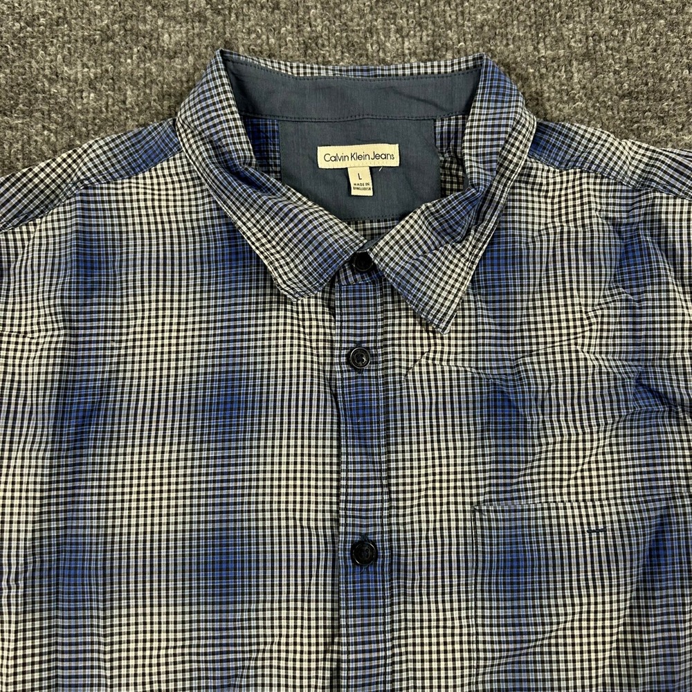 Calvin Klein Jeans Button Down Mens Size L Blue Plaid Long Sleeve Casual Shirt